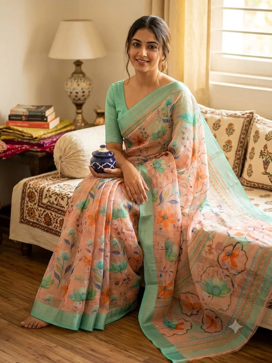 Peach Floral Linen Cotton Saree with Mint Green Border